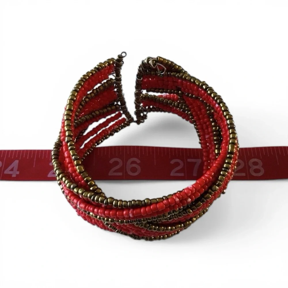 Handmade Twisted Flexible Seed Bead Braided Open Cuff Bracelet – Red & Gold